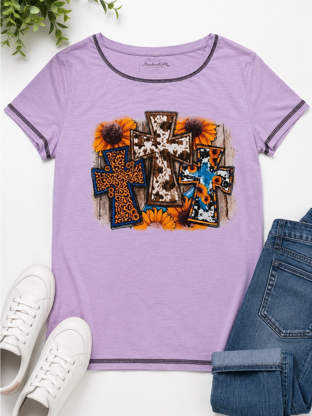 NWT American Bling Western Cross Sunflower Graphic Tee Purple M